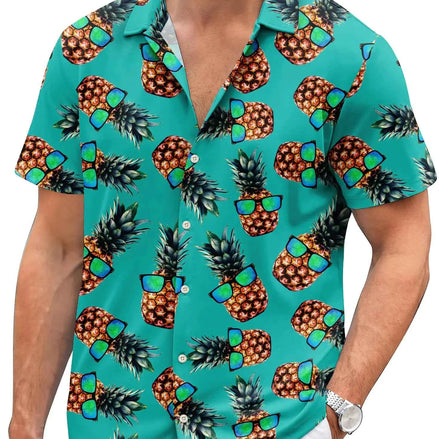 Men’s Hawaiian Pineapple Print Shirt | Funny Summer Button-Down Beach Vacation Shirt – Casual Tropical Top