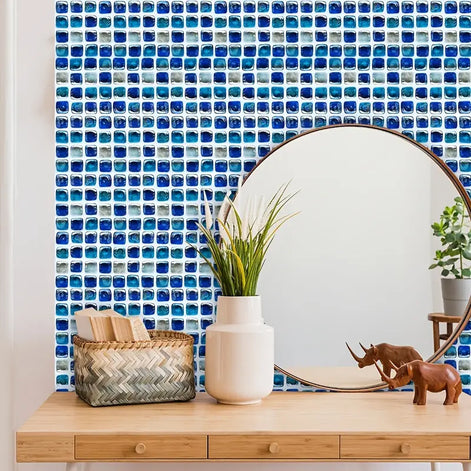 10 Ocean Blue Removable Mosaic Tile Stickers – Waterproof Decorative Wall Tiles for Kitchen, Bathroom, and Home Renovation (Set of 10)