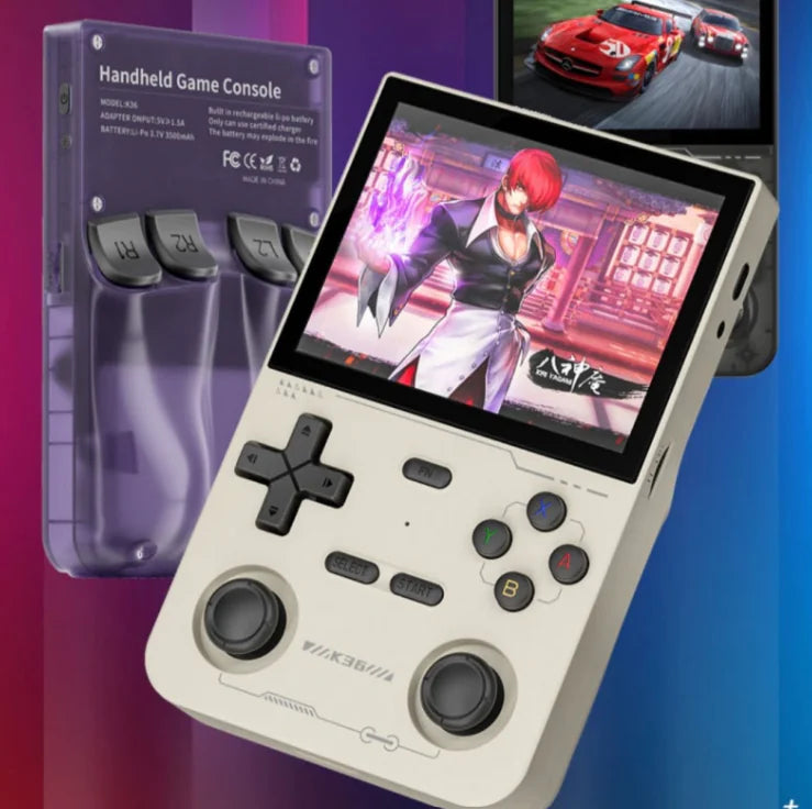 K36 Retro Handheld Game Console – 3.5” IPS Display, 64GB, 3200mAh, Type-C | Portable Classic Gaming (Black/White/Purple)