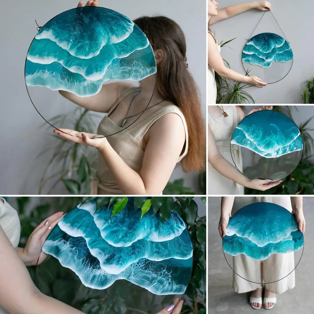 Collage of a woman holding and displaying a round ocean wave acrylic wall art with layered turquoise sea design – modern coastal décor piece shown in multiple angles. 🌊