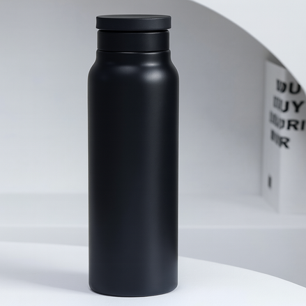 Matte black stainless steel water bottle with a minimalist cylindrical design.

