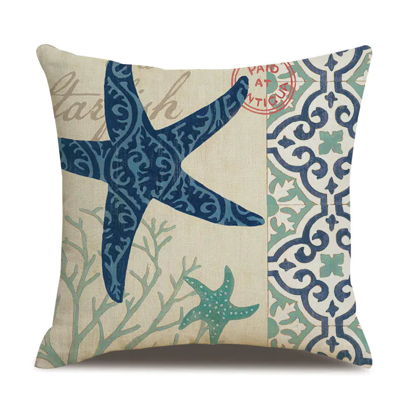 Ocean Theme Cotton Linen Cushion Covers – Coastal Starfish, Shell, Jellyfish, Snail, Octopus & Conch
