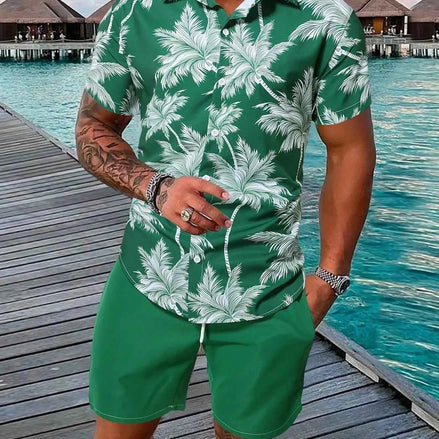 Men’s 3D Print Beach Outfit | Hawaiian Short Sleeve Shirt & Matching Shorts Set for Summer Vacation, Beach & Casual Wear