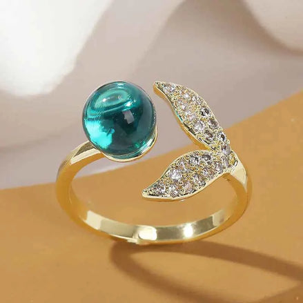 Mermaid Tail Ocean Beads Ring – Adjustable Gold Fashion Jewelry