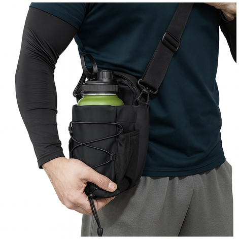 Person carrying a black fitness bag with a water bottle, worn over the shoulder with an adjustable strap.
