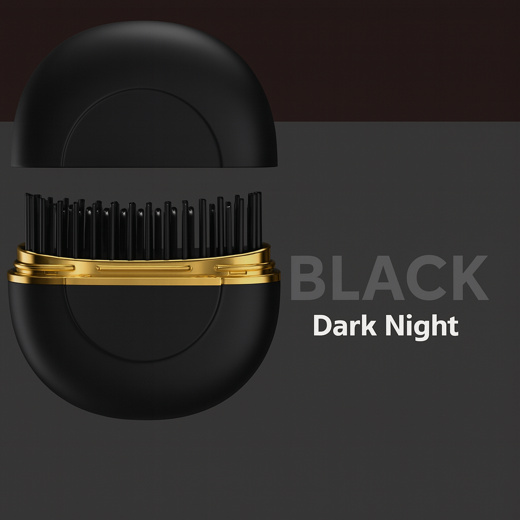 Hair straightening comb in Dark Night Black with premium gold detailing.