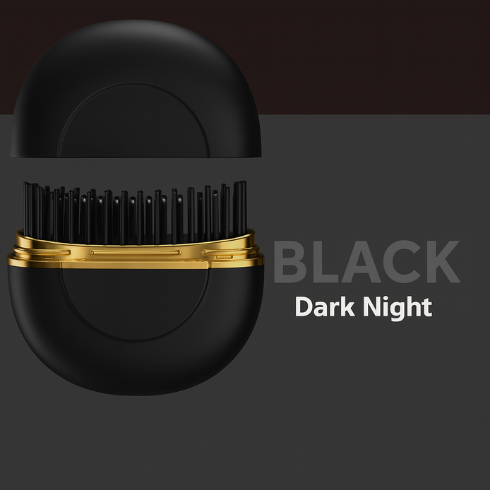 Hair straightening comb in Dark Night Black with premium gold detailing.