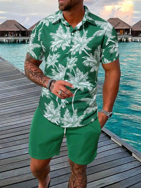 Men’s 3D Print Beach Outfit | Hawaiian Short Sleeve Shirt & Matching Shorts Set for Summer Vacation, Beach & Casual Wear