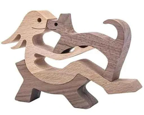 Wood Dog Sculpture – Handmade Wooden Figurine | Human & Dog Friendship Home Decor Gift for Pet Lovers