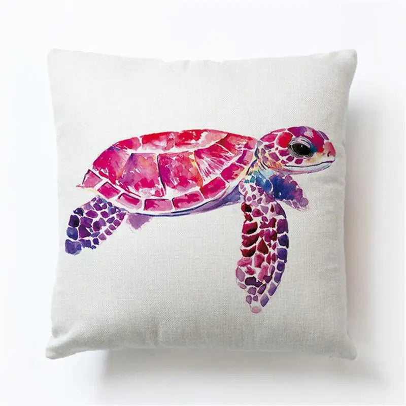 Ocean turtle cushion cover – decorative pillow case with pink and purple watercolor sea turtle design on white background, coastal home décor 45x45 cm.