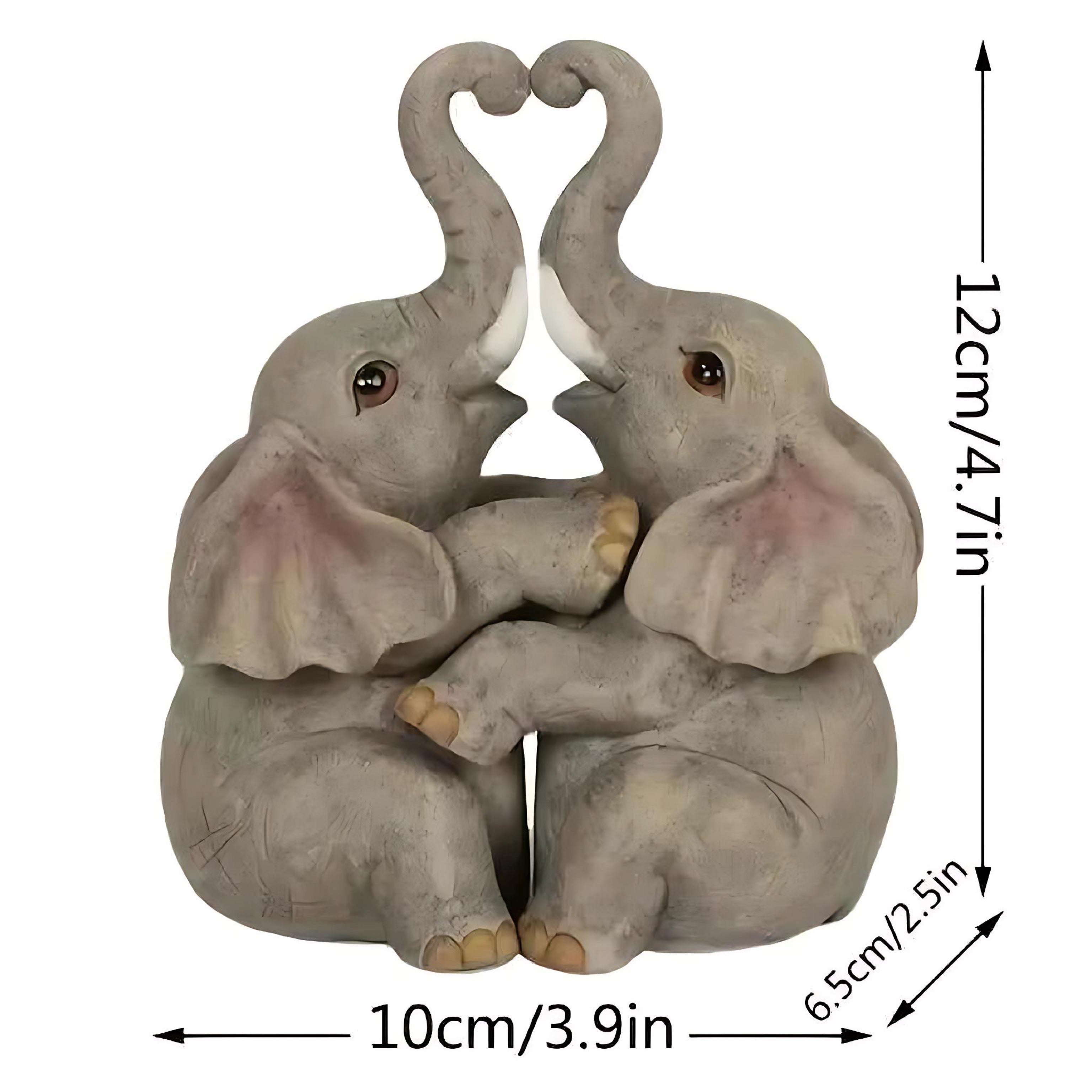 Elephant couple figurine with heart-shaped trunks, shown with size measurements 12 cm by 10 cm.
