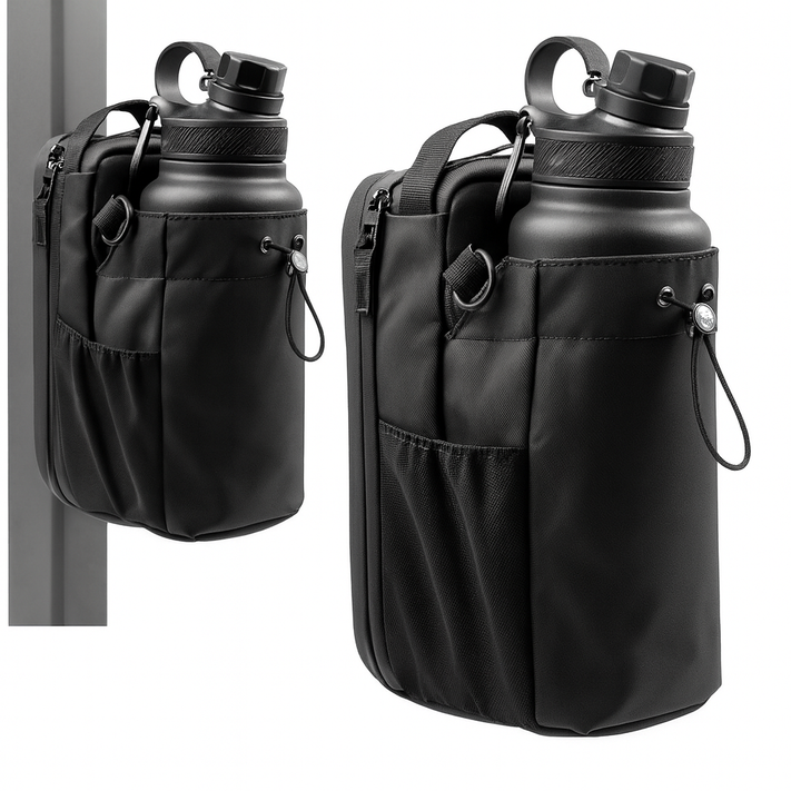 Black magnetic fitness bags holding water bottles, shown hanging on a metal surface.