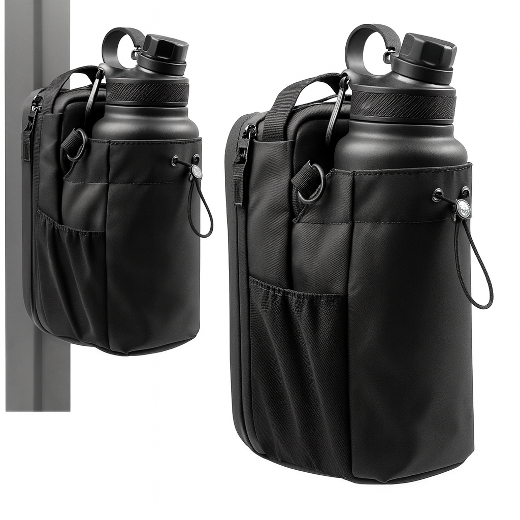 Black magnetic fitness bags holding water bottles, shown hanging on a metal surface.