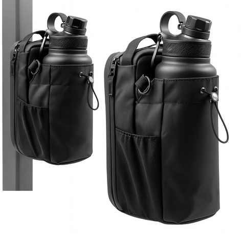Black magnetic fitness bags holding water bottles, shown hanging on a metal surface.