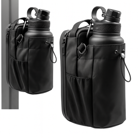 Black magnetic fitness bags holding water bottles, shown hanging on a metal surface.