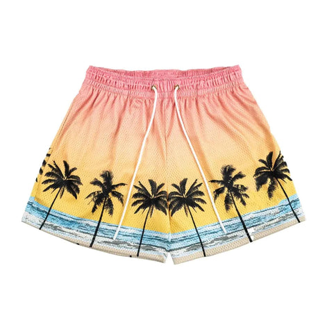 BOOMLEMON Mens Mesh Graphic Print Shorts Summer Basketball Running Shorts Retro Casual Cool Streetwear Short Pants(Sunset Beach L)