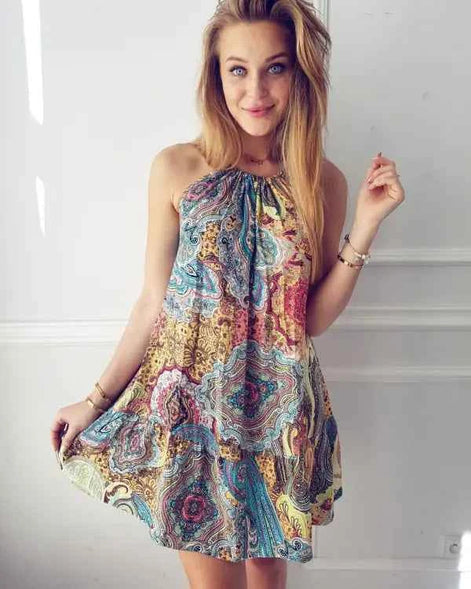 Bohemian Ocean Print Beach Dress – Summer Halter Sundress for Women