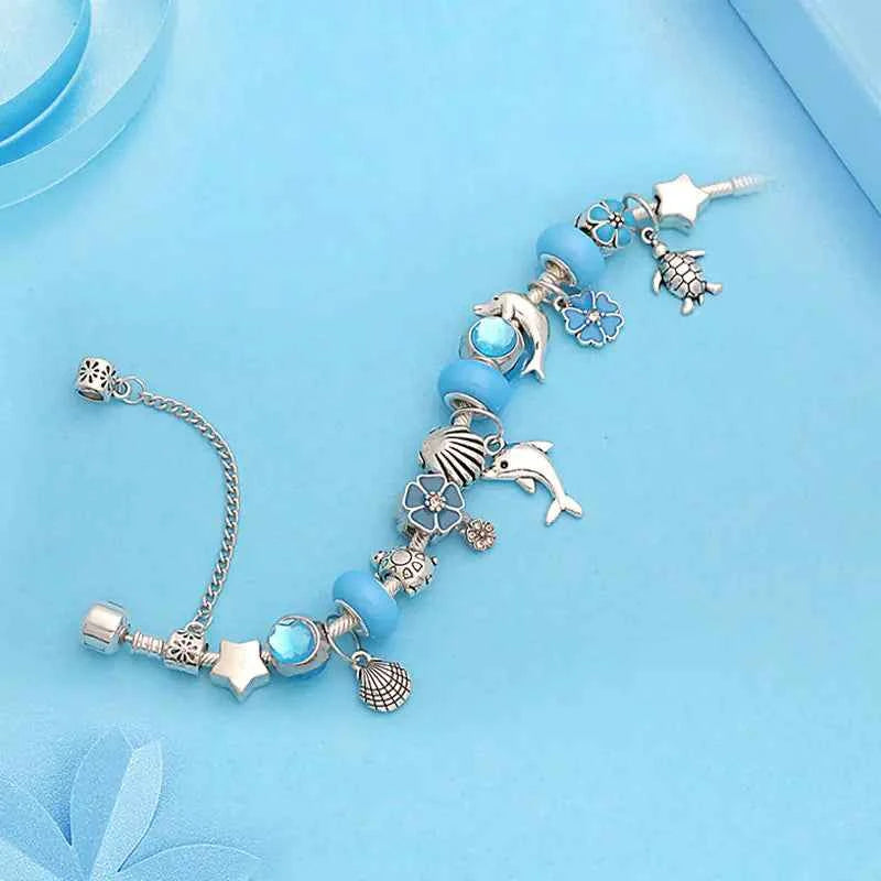 Ocean-Themed Star & Dolphin Charm Bracelet – Crystal Jewelry for Women
