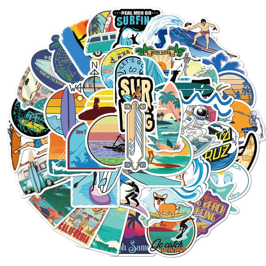 Surf & Beach Vibes – 50 Waterproof Vinyl Stickers Pack (Perfect for Surfboards, Bottles, Laptops & More!)