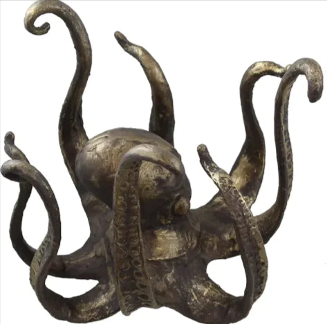 Bronze resin octopus sculpture with eight raised tentacles, designed as a coastal mug holder and nautical home décor piece.