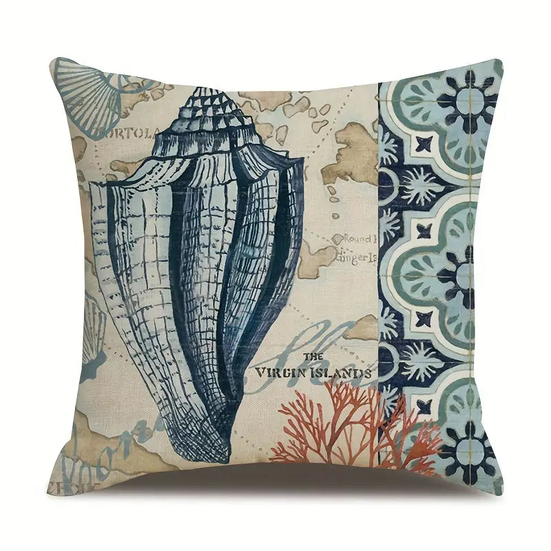 Ocean Theme Cotton Linen Cushion Covers – Coastal Starfish, Shell, Jellyfish, Snail, Octopus & Conch