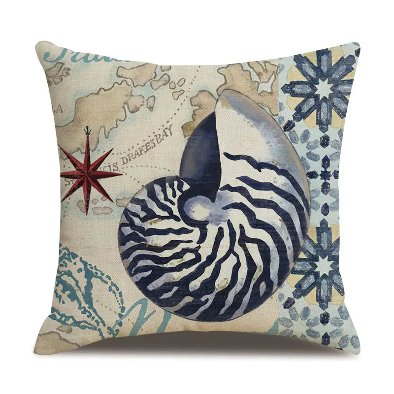 Ocean Theme Cotton Linen Cushion Covers – Coastal Starfish, Shell, Jellyfish, Snail, Octopus & Conch
