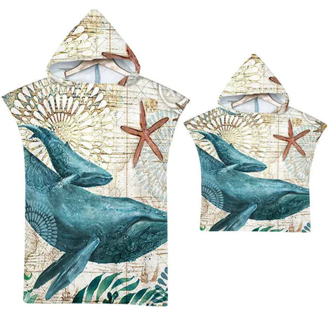 Ocean Print Hooded Beach Towels Family Pack – Soft, Absorbent & Quick-Dry Microfiber Poncho Towels for Kids & Adults