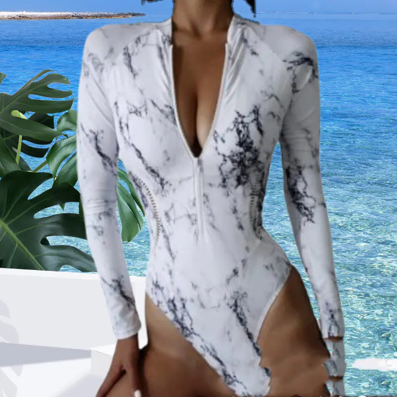 Surf Luxe – Long Sleeve Zipper Swimsuit (UV Protection One-Piece) (Available in Marble Black & Ocean White)