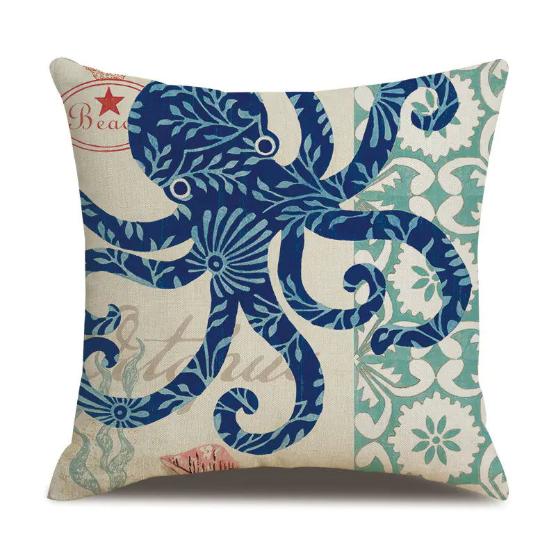 Ocean Theme Cotton Linen Cushion Covers – Coastal Starfish, Shell, Jellyfish, Snail, Octopus & Conch