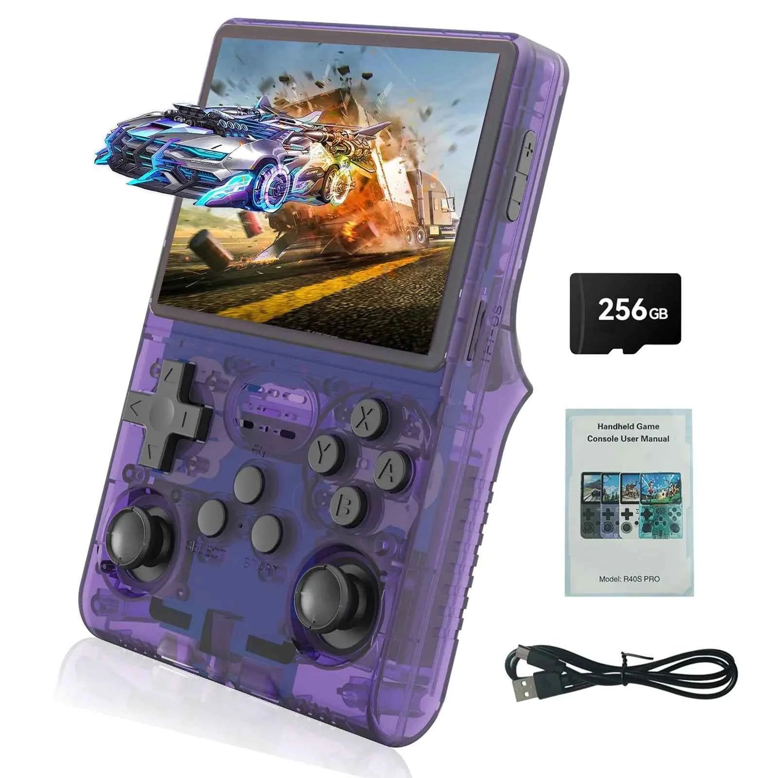 GWALSNTH R40S Pro Handheld Game Console 30000 HD Games Mini Retro Video Console 3.5-Inch IPS Screen256GB MemoryBuilt in 45 Emulators3800mAh Battery (Transparent Purple 256GB)
