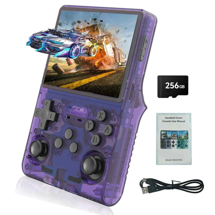GWALSNTH R40S Pro Handheld Game Console 30000 HD Games Mini Retro Video Console 3.5-Inch IPS Screen256GB MemoryBuilt in 45 Emulators3800mAh Battery (Transparent Purple 256GB)