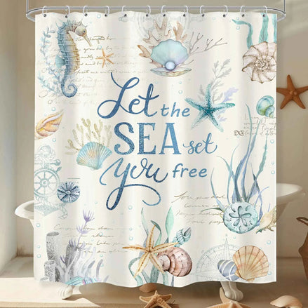 LIGHTINHOME Nautical Coastal Shower Curtain | Ocean Quote Waterproof Fabric Bathroom Décor with Hooks