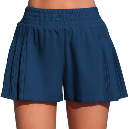 ATTRACO Cute Swim Shorts Women High Rise Swimming Shorts Pleated Swim Bottom Beach Shorts Blue L
