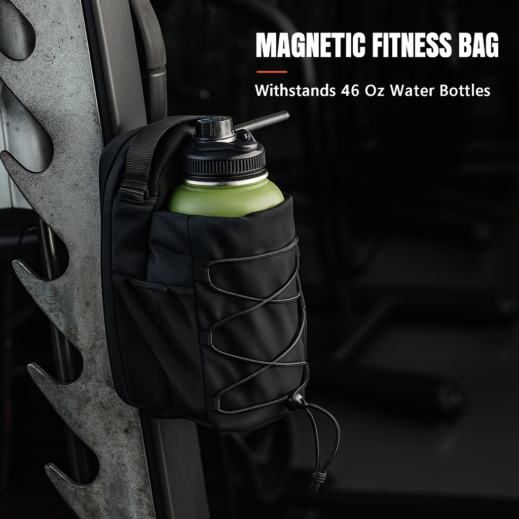 Magnetic fitness bag holding a 46 oz water bottle, securely attached to gym equipment.