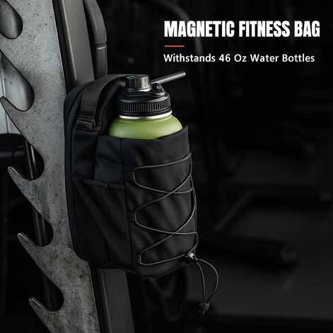 Magnetic fitness bag holding a 46 oz water bottle, securely attached to gym equipment.