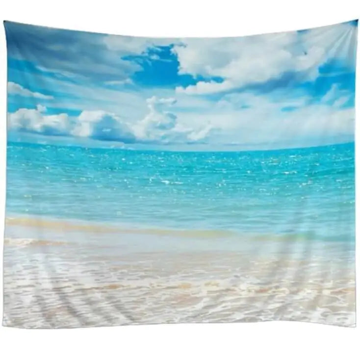 Blue ocean and sandy beach Hawaiian tapestry wall hanging with cloudy sky print, coastal tropical home decor