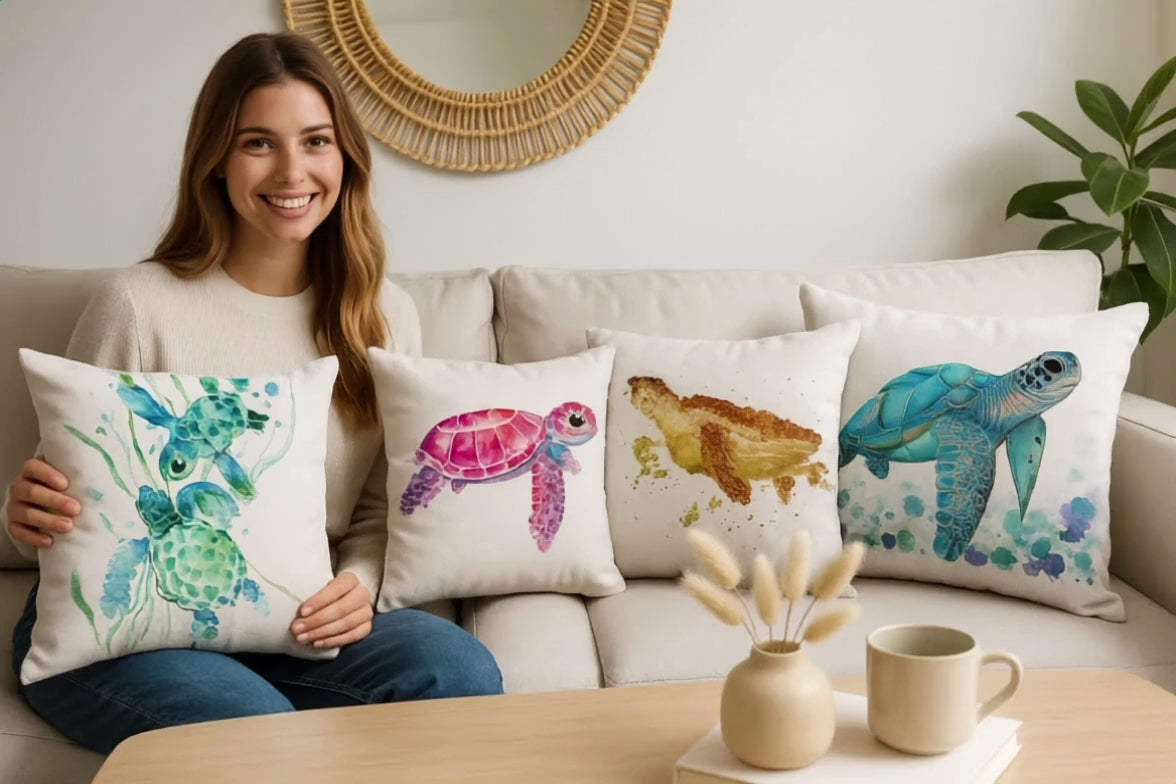 Woman sitting on sofa holding ocean turtle cushion covers – decorative pillow cases with green, pink, golden, and blue turtle designs, coastal home décor.