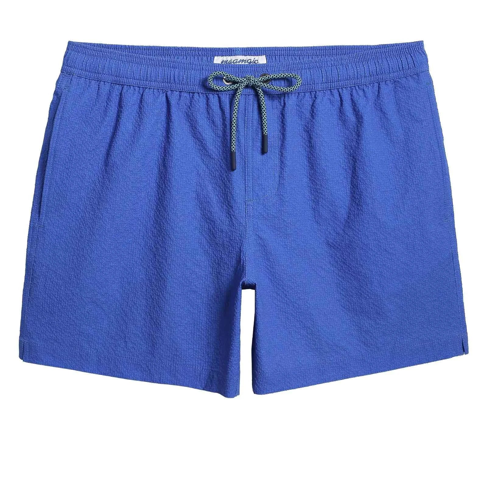 maamgic Mens Swim Trunks 5.5 inch Seersucker Beach Shorts Quick Dry Bathing Suits with Mesh Liner Gentian Blue Medium