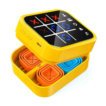 Focfundier Rechargeable Tic Tac Toe Game Box Upgraded 5 Fun Brain and Memory Games Compact Handheld Puzzle Game Console Portable Travel Game Ideal Gifts for All Ages 3+ (Yellow)