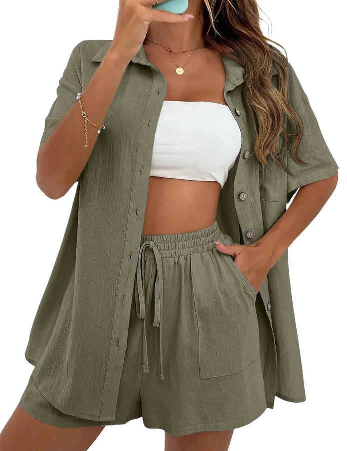 Hvewarm Women Summer Cotton Linen Short Sets 2 Piece Oversized Shirts Adjustable Shorts Lounge Beach Vacation Outfits Tracksuits(ArmyGreen-XL)