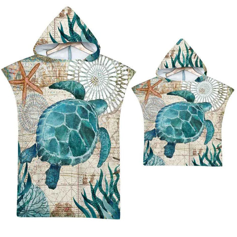 Ocean Print Hooded Beach Towels Family Pack – Soft, Absorbent & Quick-Dry Microfiber Poncho Towels for Kids & Adults