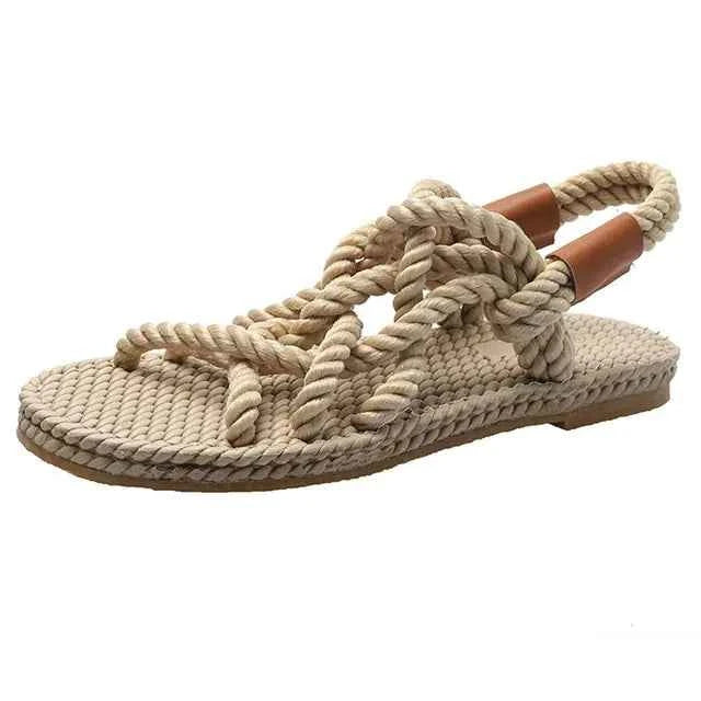 Woven Rope Women’s Sandals – Bohemian Casual Fashion Flats with Ankle Straps, Breathable Open-Toe Summer Sandals for Beach, Travel & Everyday Comfort (Black & Apricot)