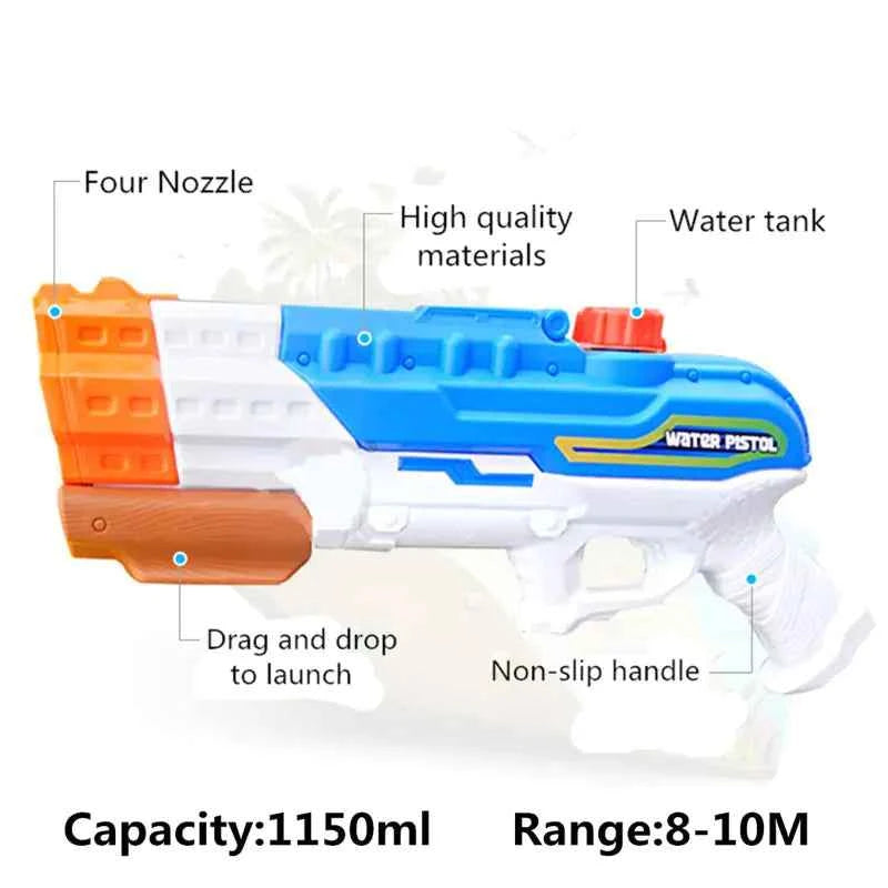 Water Gun Blaster – 4 Nozzles, High-Pressure Water Soaker, Large Capacity for Pool & Beach Fun