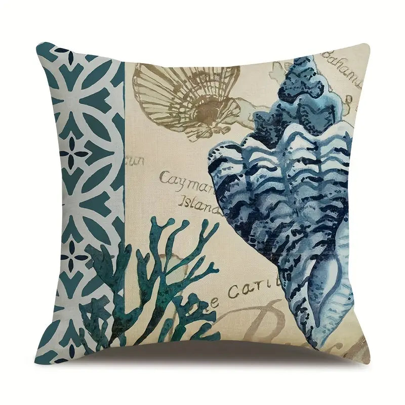 Ocean Theme Cotton Linen Cushion Covers – Coastal Starfish, Shell, Jellyfish, Snail, Octopus & Conch