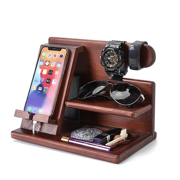 Wood Phone Docking Station – Desk & Nightstand Organizer for Men | Wallet, Keys, Watch & Gadget Holder