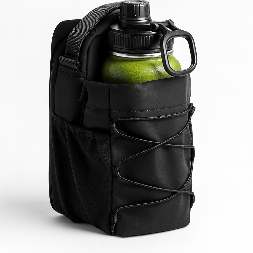 Green water bottle stored inside a black fitness bag with elastic front cords and side pockets.
