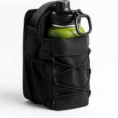 Green water bottle stored inside a black fitness bag with elastic front cords and side pockets.

