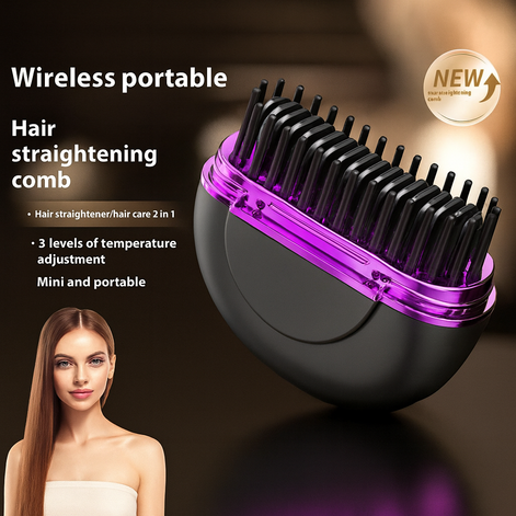 Wireless portable hair straightening comb with adjustable temperature and compact design.
