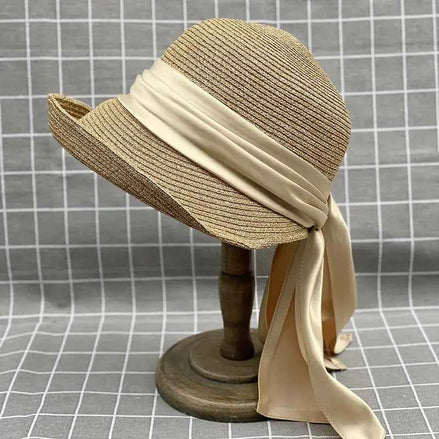 Japanese Style Satin Ribbon Bucket Hat | Elegant Summer Straw Sun Hat for Women