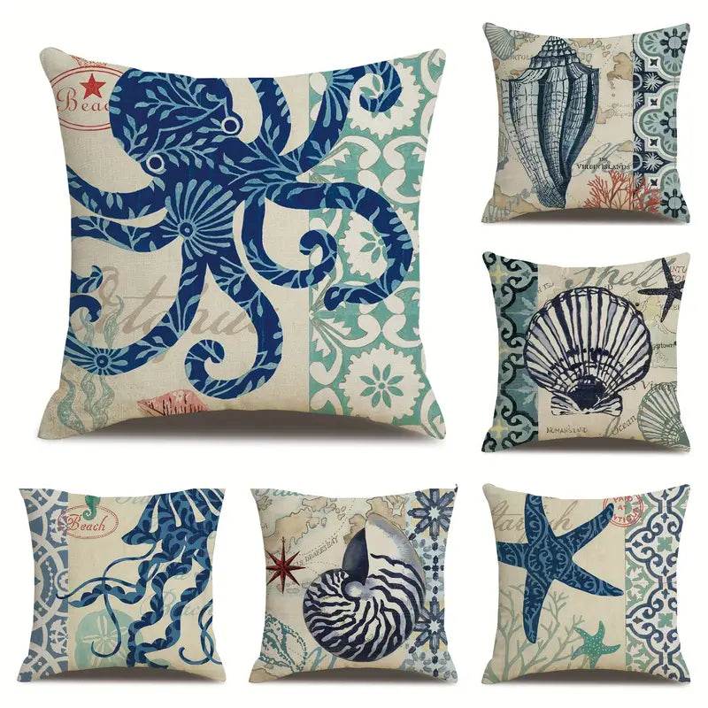 Ocean Theme Cotton Linen Cushion Covers – Coastal Starfish, Shell, Jellyfish, Snail, Octopus & Conch